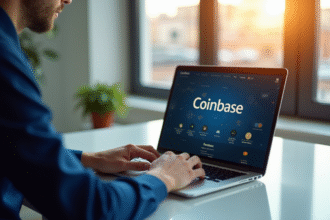 Personne utilisant un ordinateur avec site Coinbase ouvert